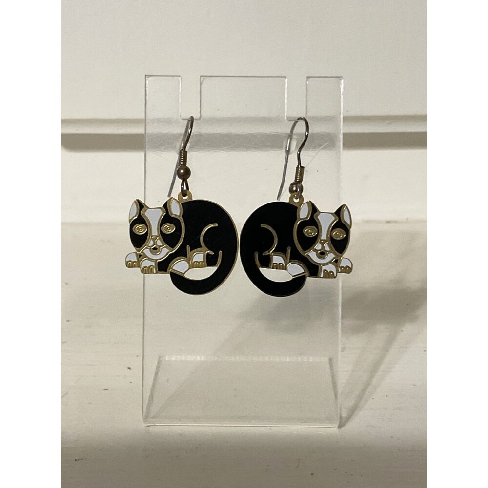 Black and White Kitty Cat Enameled Dangle Hook Earrings